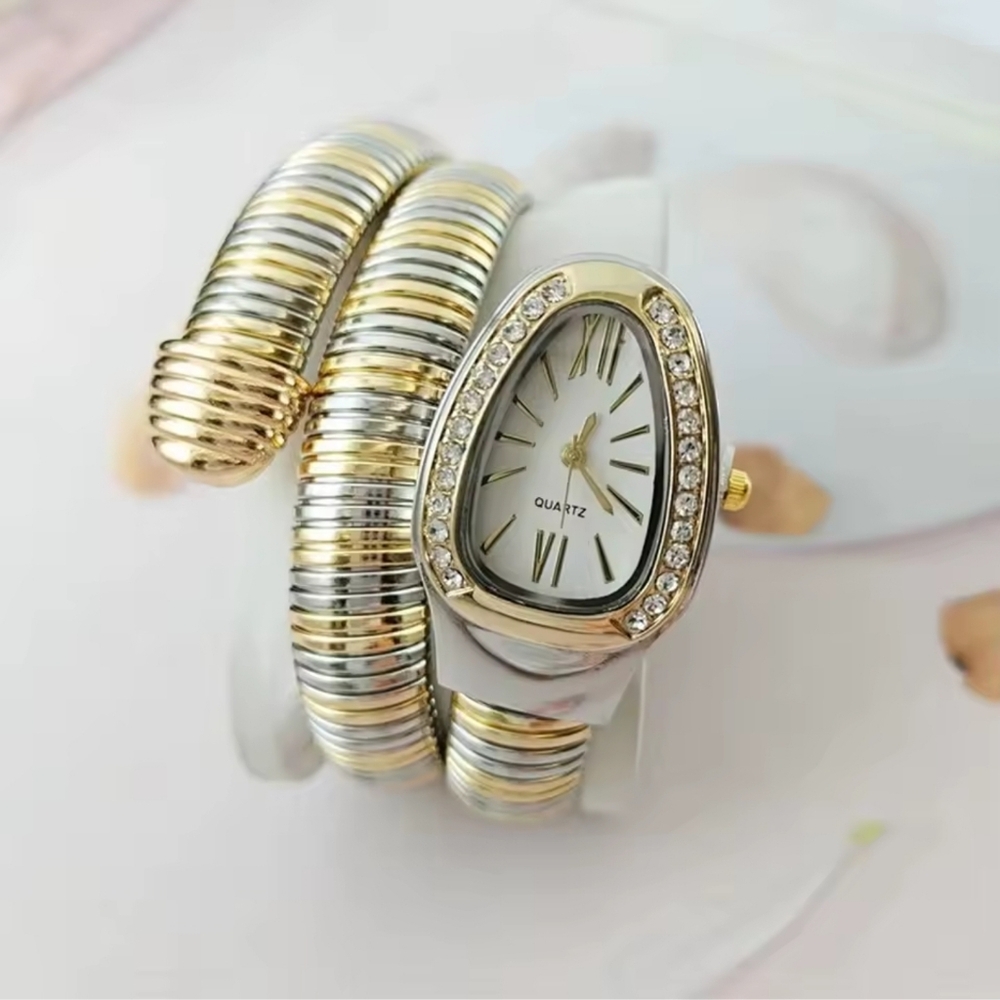 Gold And Silver Coiled Watch With Crystal Accents Gold And Silver Coiled Watch With Crystal Accents